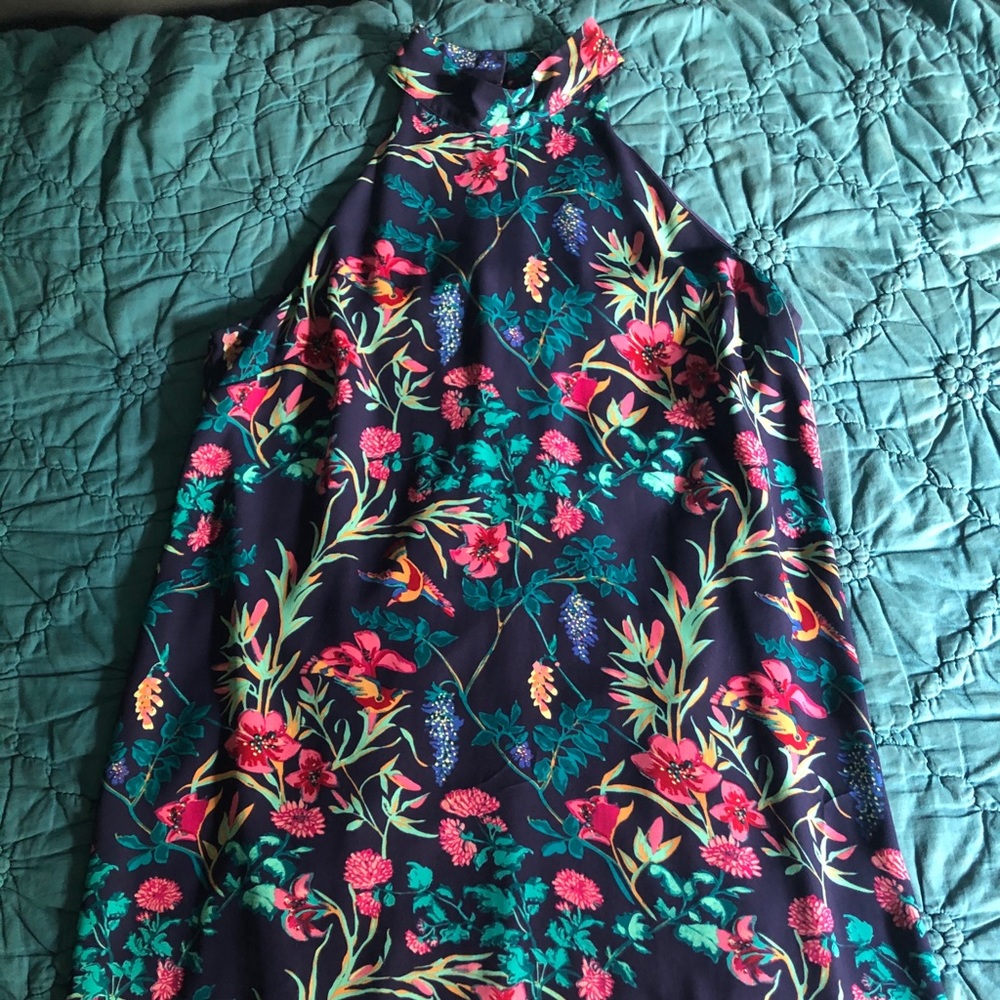 Navy Blue Floral Halter Dress